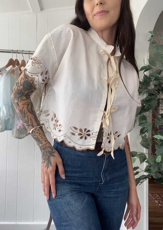 Upcycled Tie Front Embroidered Blouse