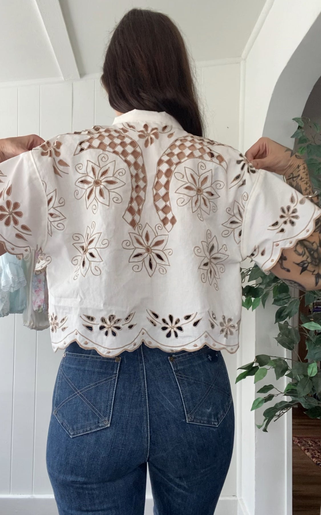 Upcycled Tie Front Embroidered Blouse