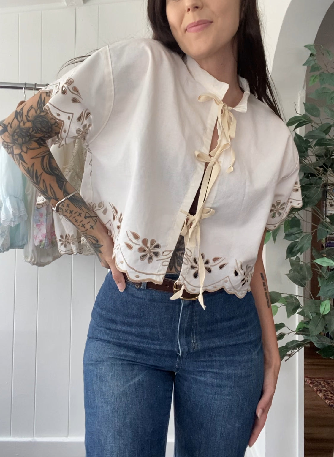 Upcycled Tie Front Embroidered Blouse