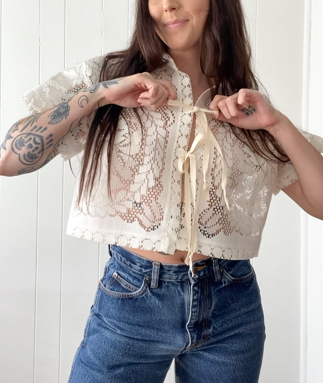 Upcycled Tie Front Lace Blouse