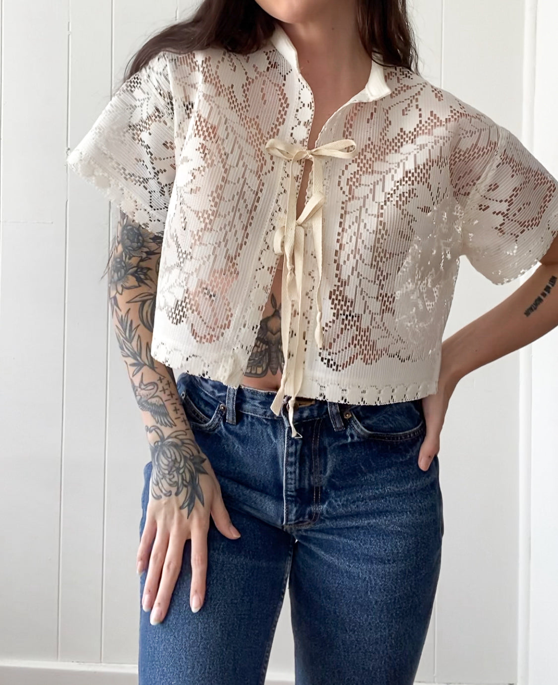 Upcycled Tie Front Lace Blouse
