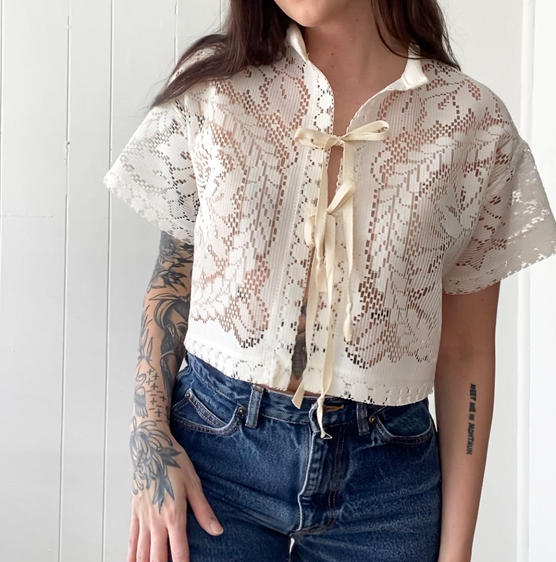 Upcycled Tie Front Lace Blouse