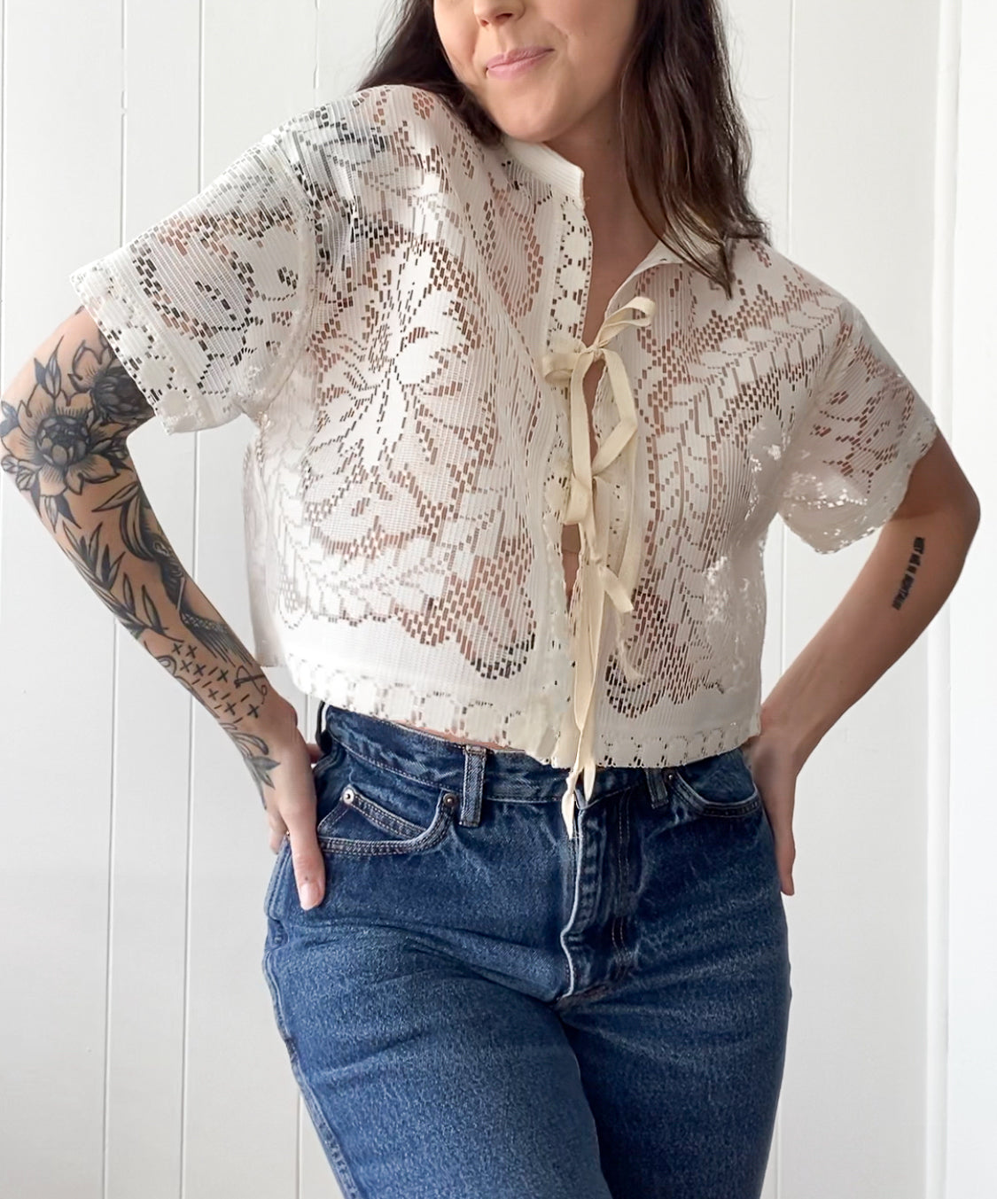 Upcycled Tie Front Lace Blouse