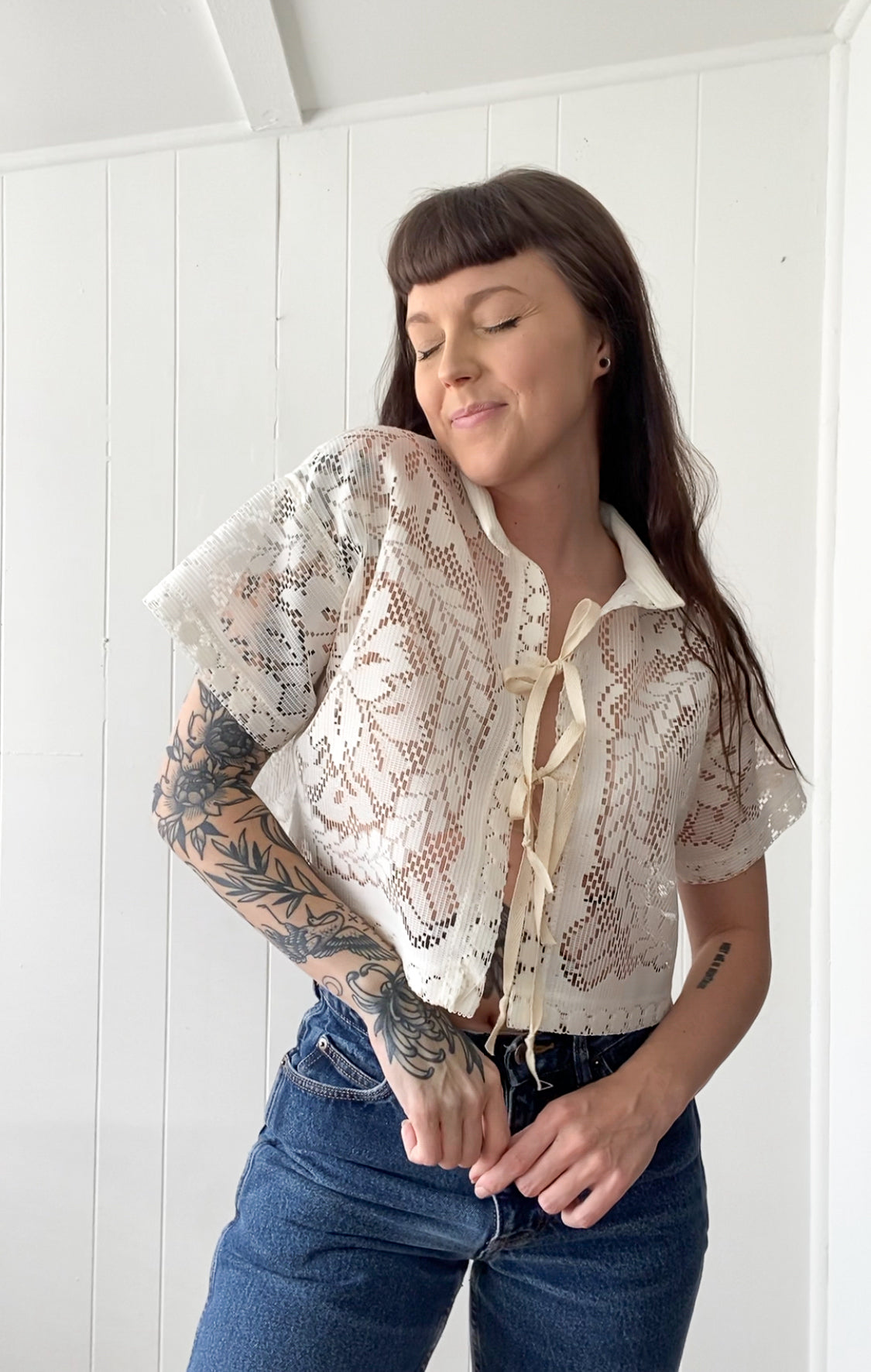 Upcycled Tie Front Lace Blouse