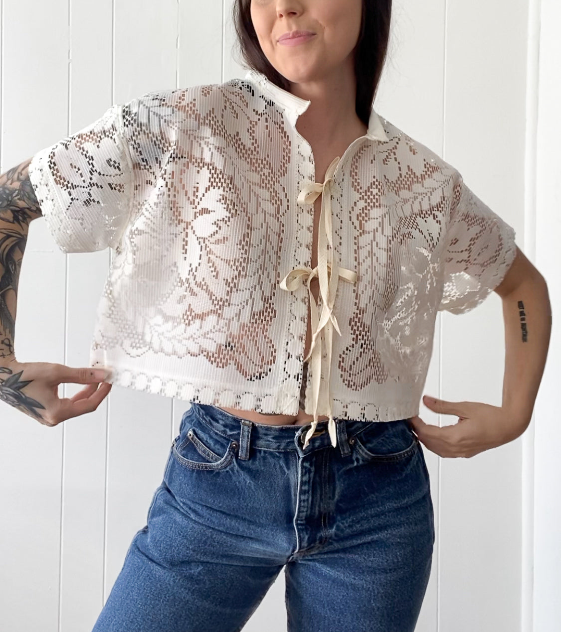 Upcycled Tie Front Lace Blouse