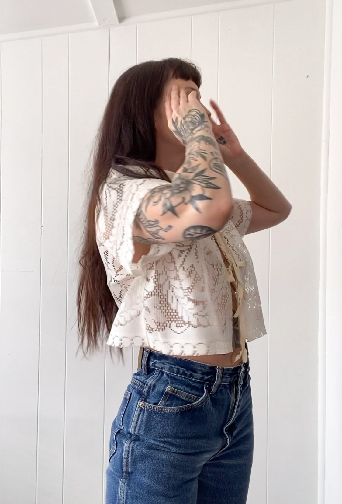 Upcycled Tie Front Lace Blouse