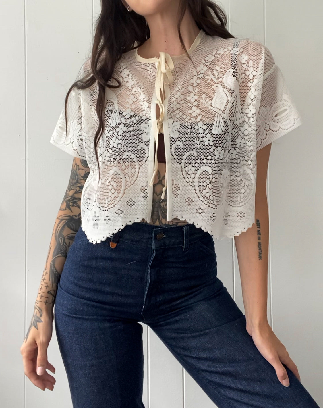 Upcycled Tie Front Lace Blouse