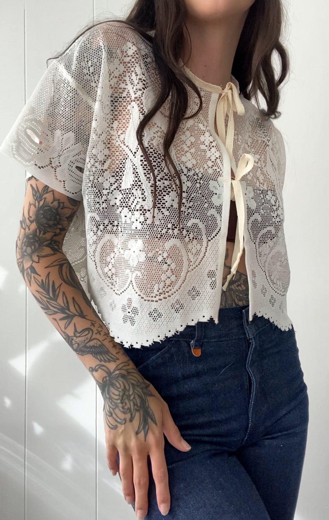 Upcycled Tie Front Lace Blouse