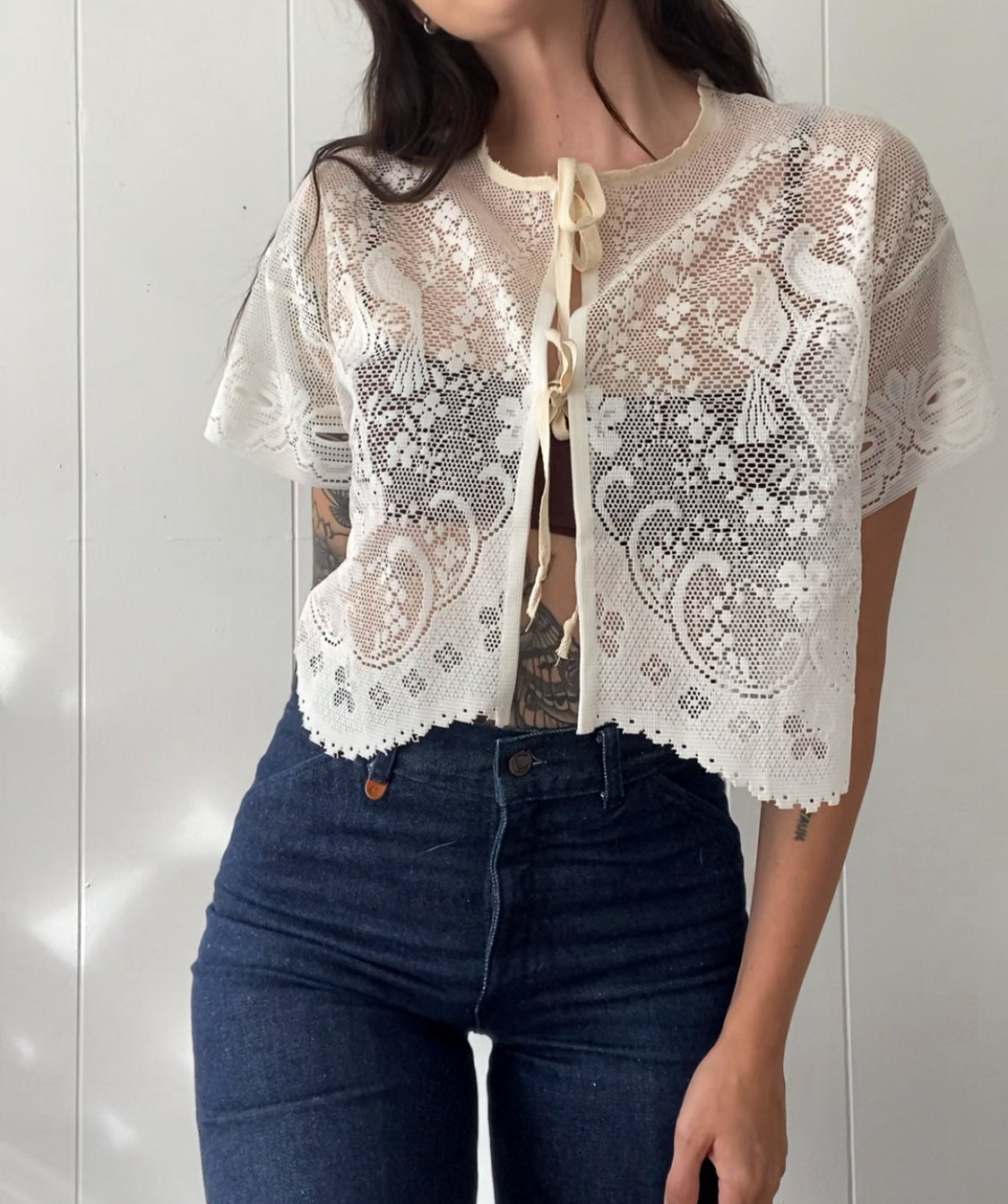 Upcycled Tie Front Lace Blouse