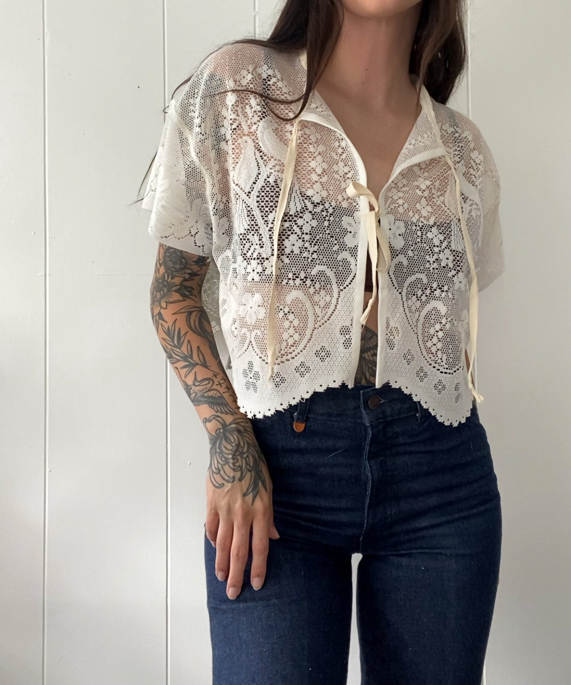 Upcycled Tie Front Lace Blouse