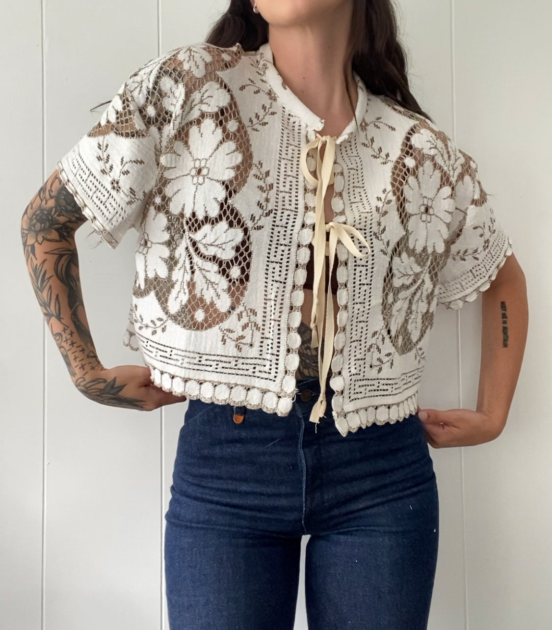 Upcycled Tie Front Lace Blouse