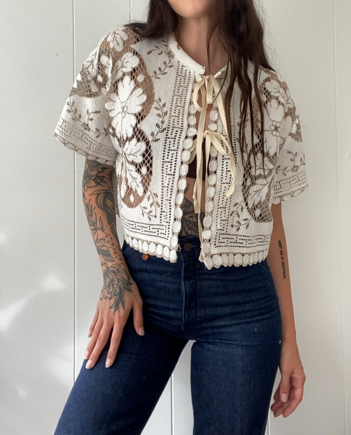 Upcycled Tie Front Lace Blouse