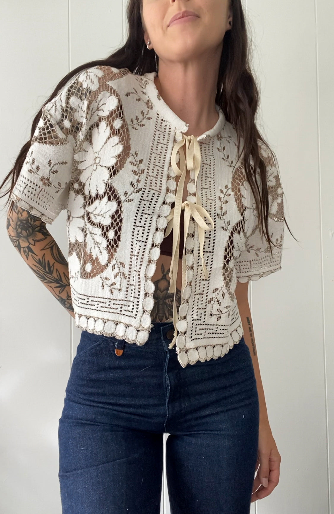 Upcycled Tie Front Lace Blouse