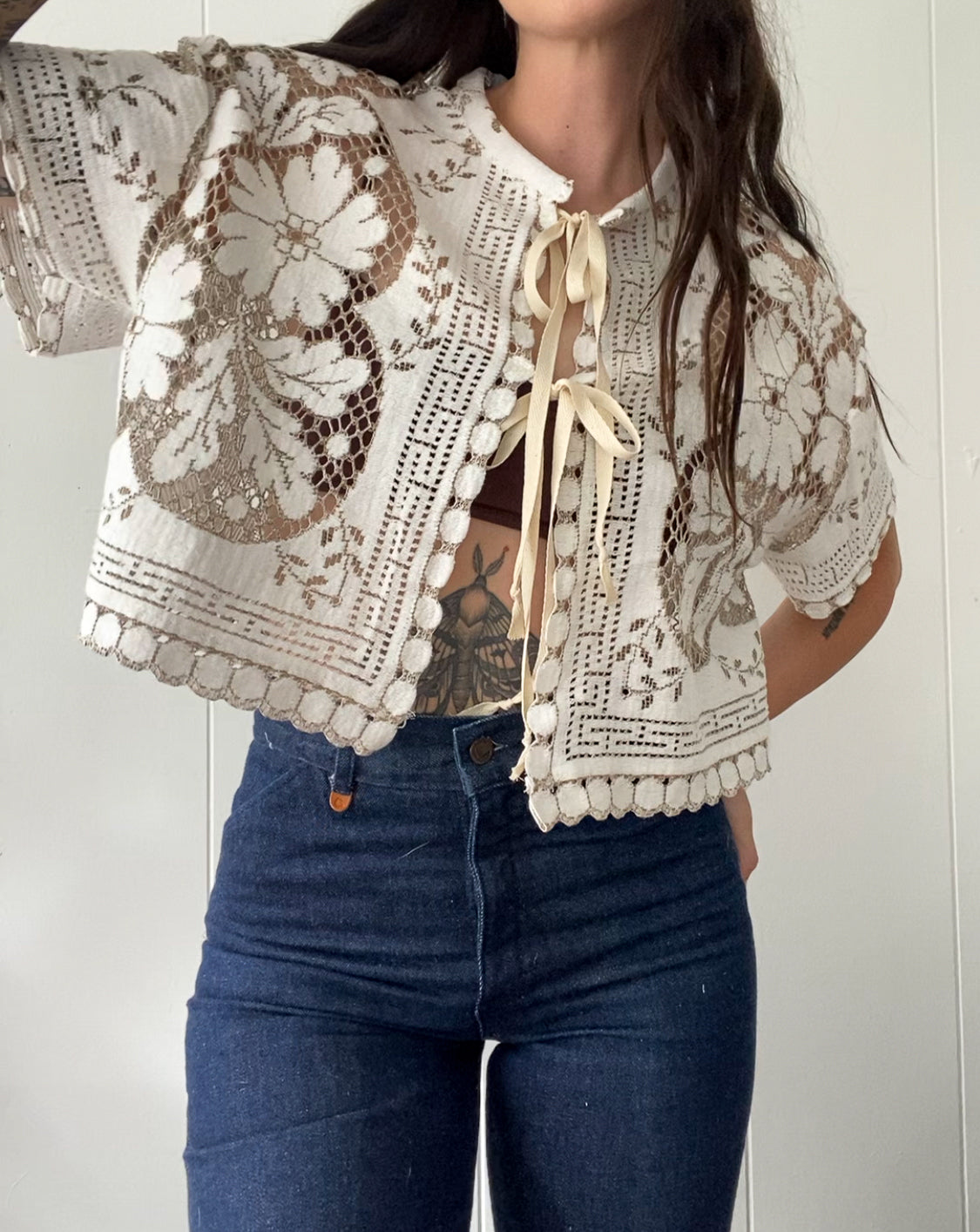 Upcycled Tie Front Lace Blouse