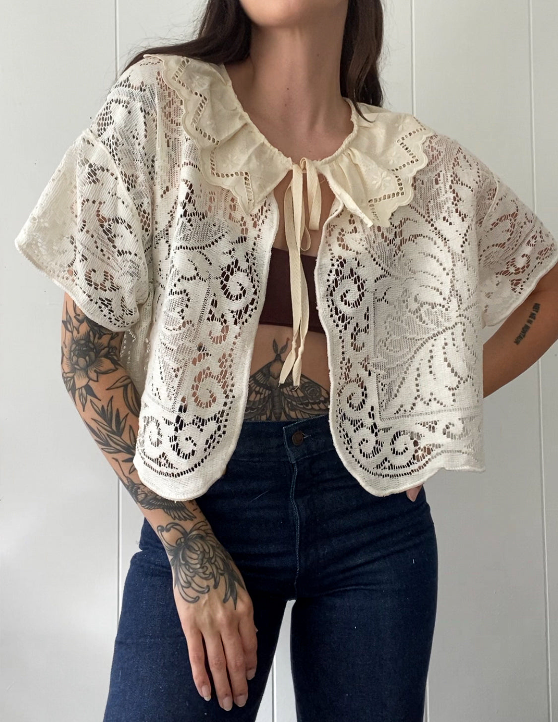 Upcycled Tie Front Lace Blouse with Collar