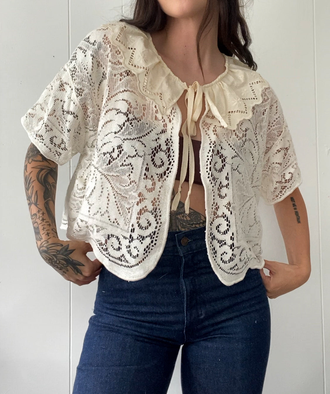 Upcycled Tie Front Lace Blouse with Collar