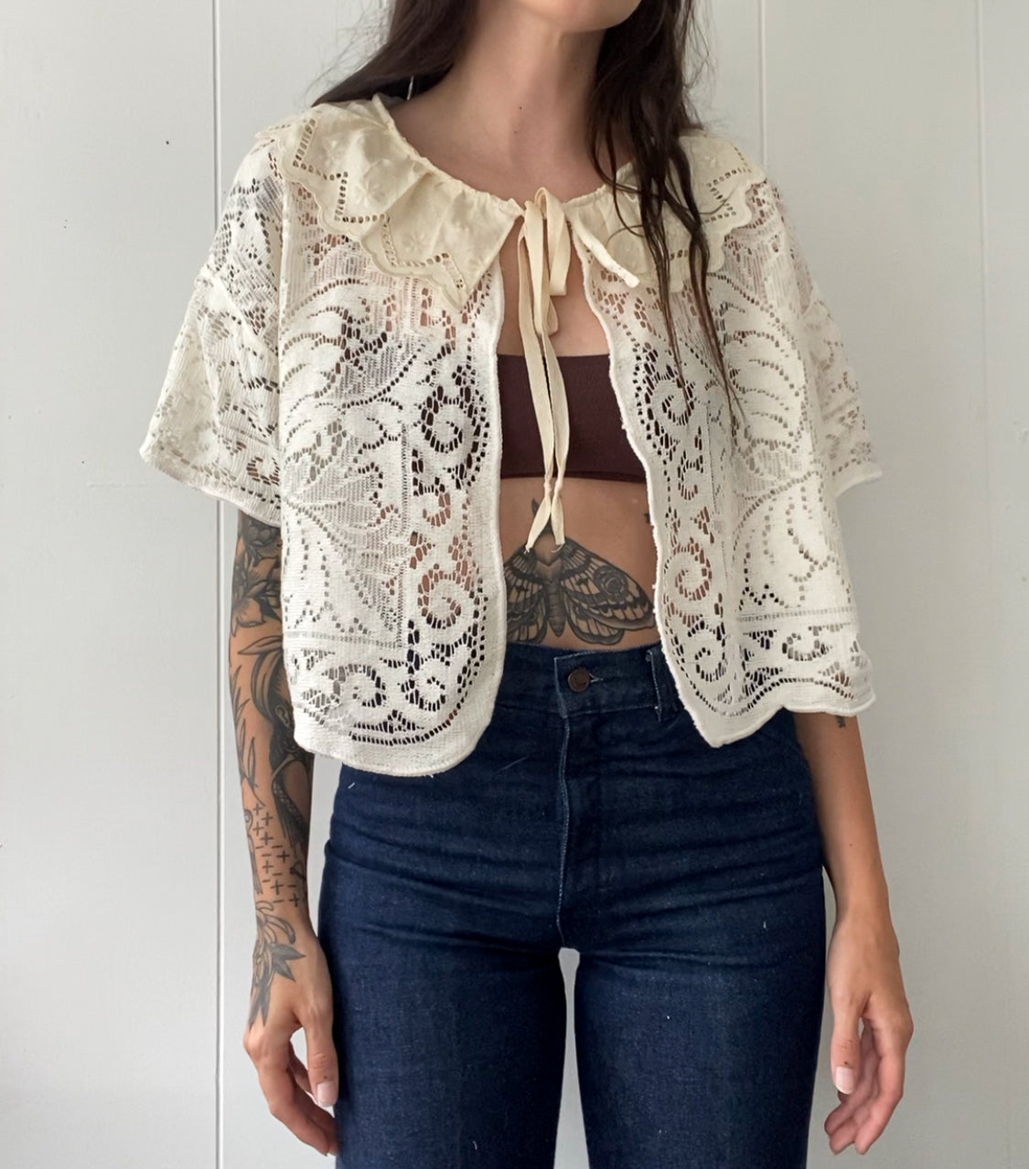 Upcycled Tie Front Lace Blouse with Collar