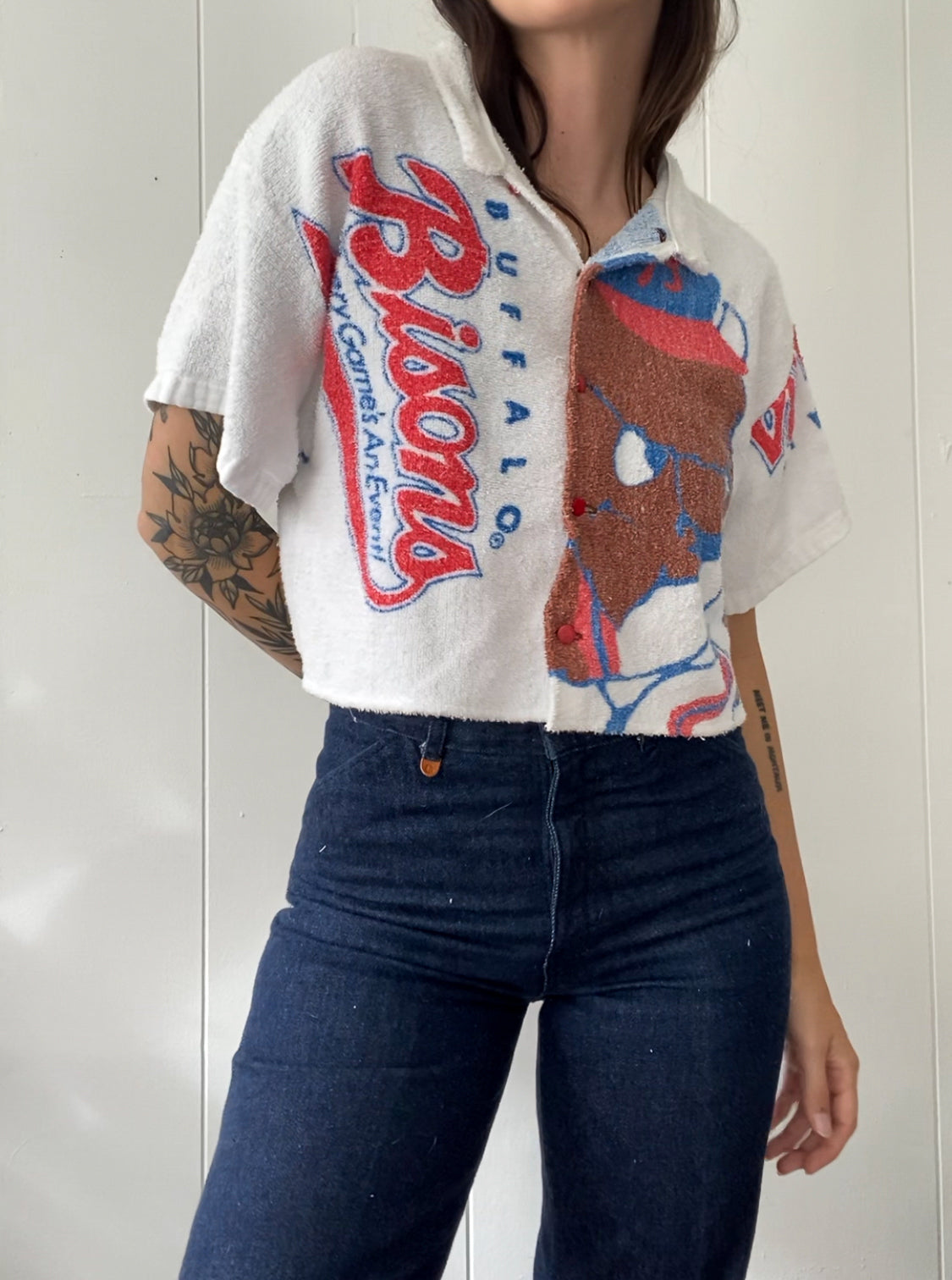 Upcycled Buffalo Bisons Terrycloth Button Up