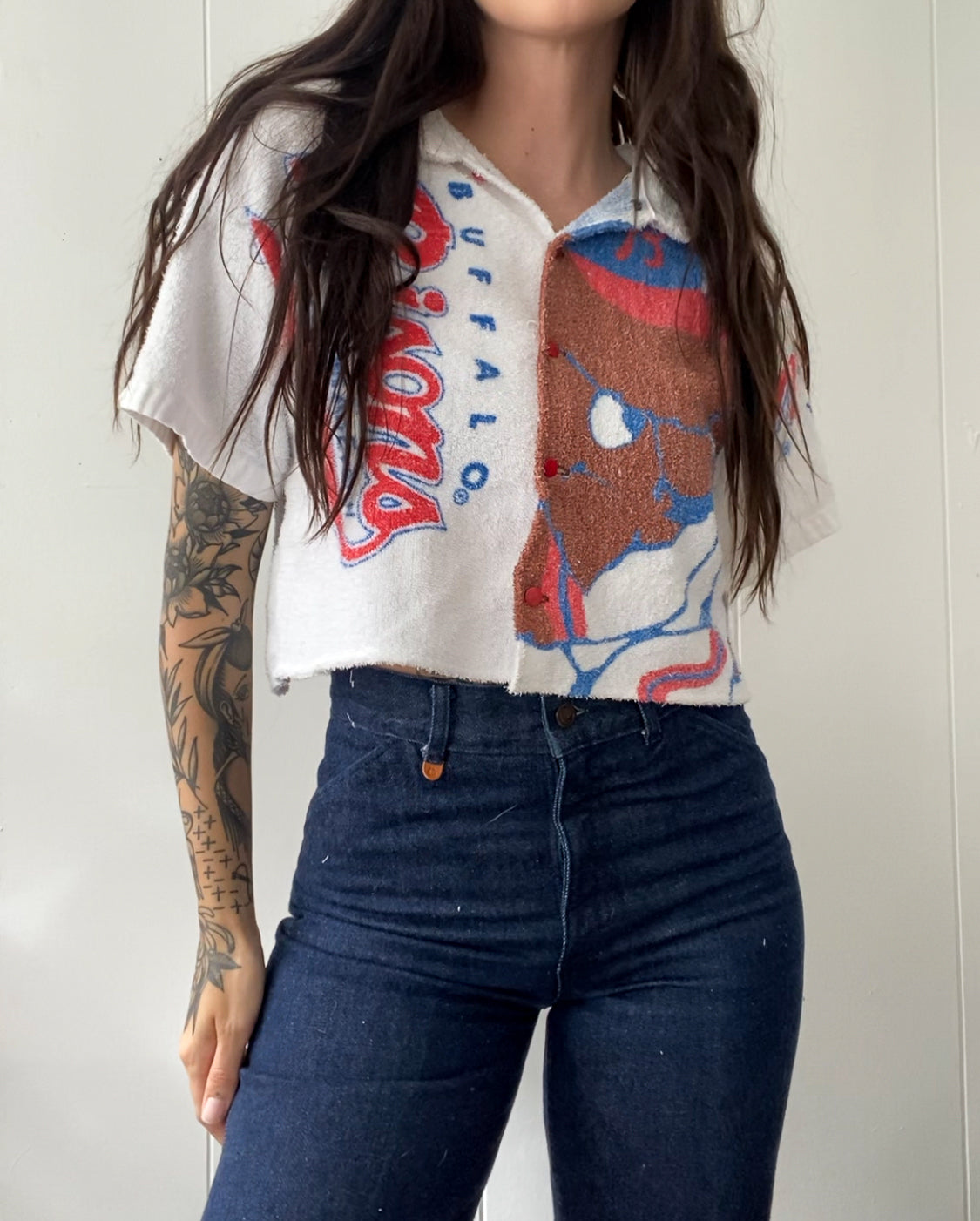 Upcycled Buffalo Bisons Terrycloth Button Up