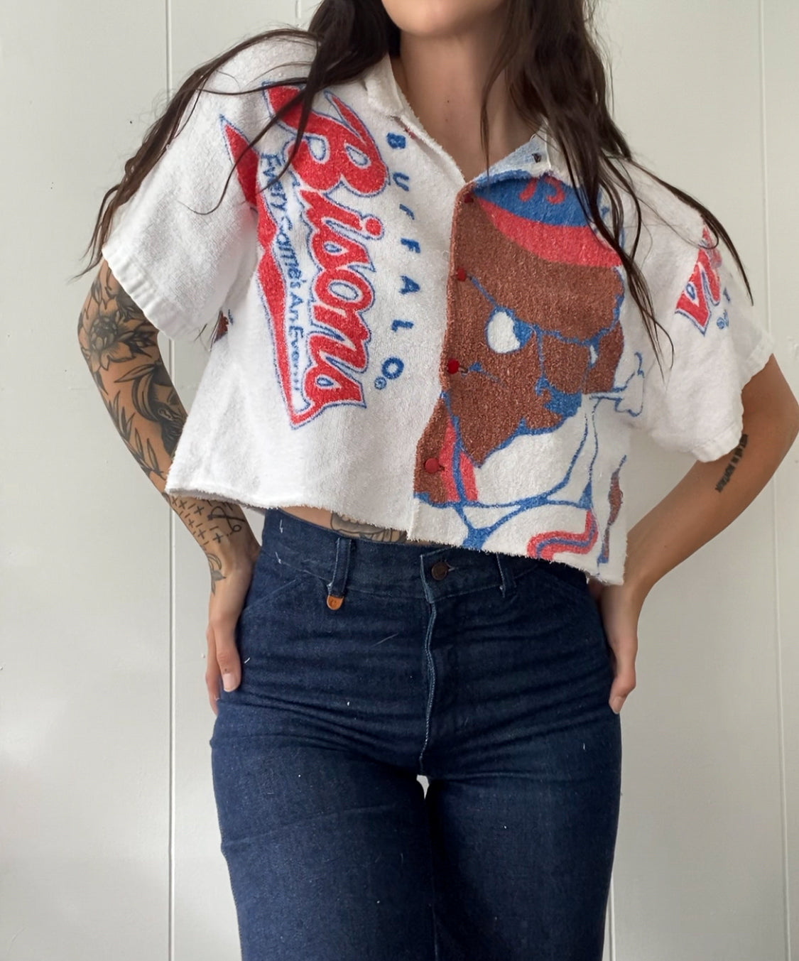 Upcycled Buffalo Bisons Terrycloth Button Up
