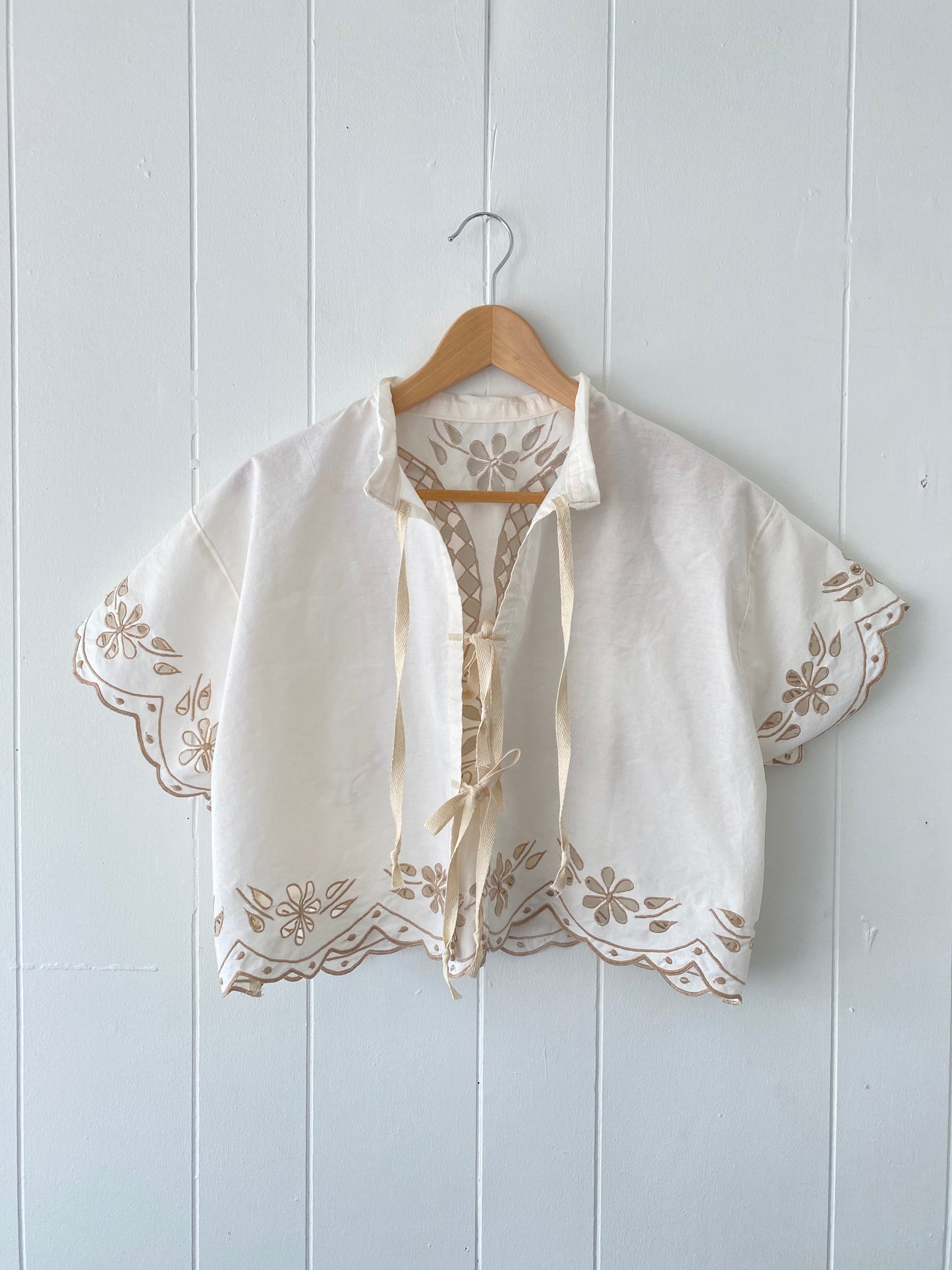 Upcycled Tie Front Embroidered Blouse