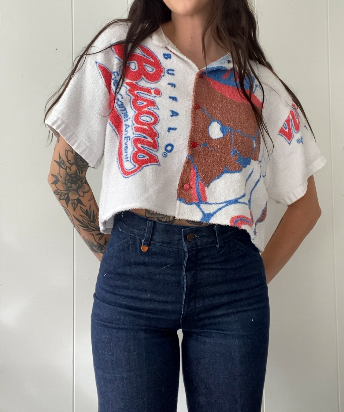 Upcycled Buffalo Bisons Terrycloth Button Up