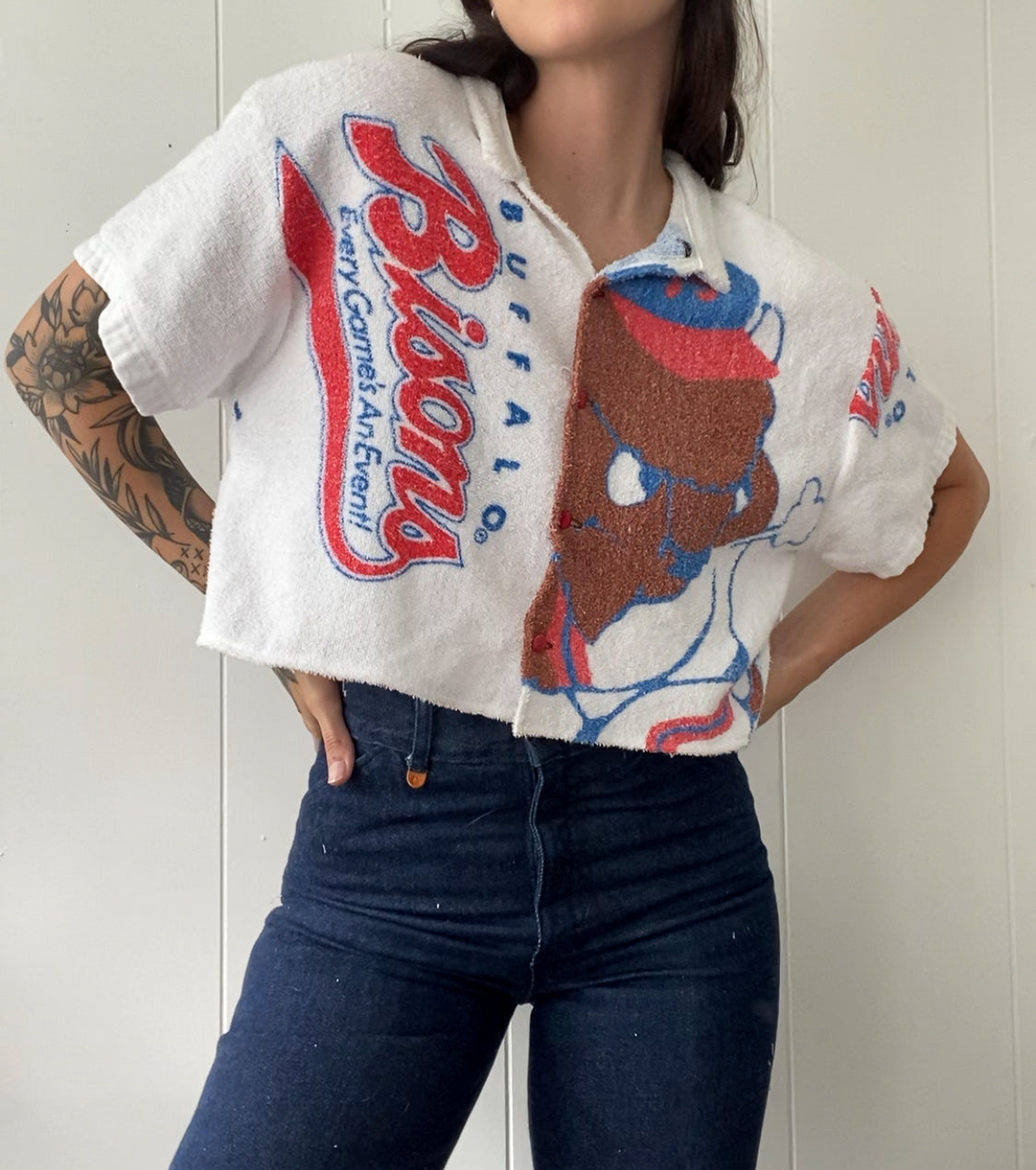 Upcycled Buffalo Bisons Terrycloth Button Up