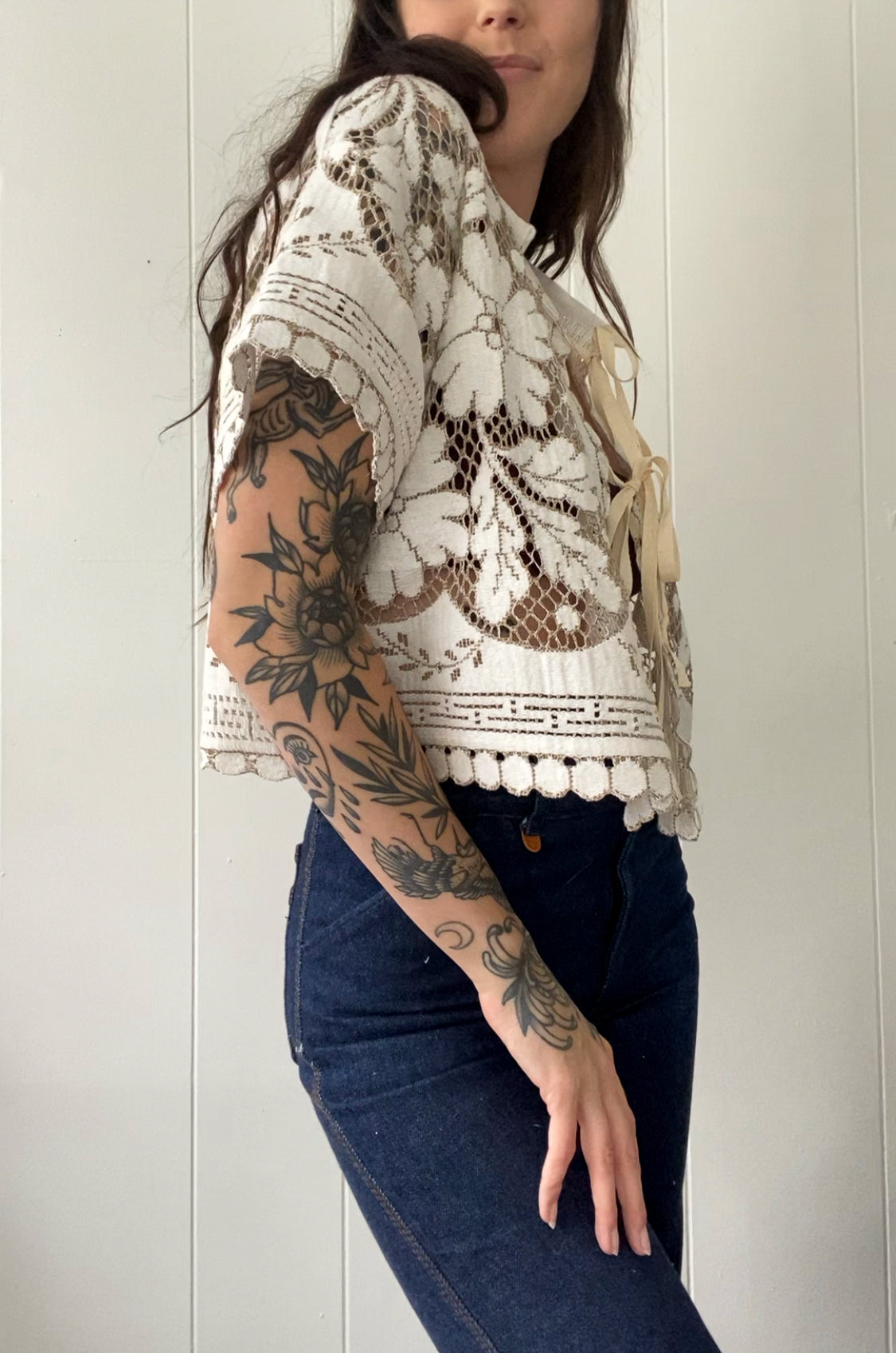 Upcycled Tie Front Lace Blouse