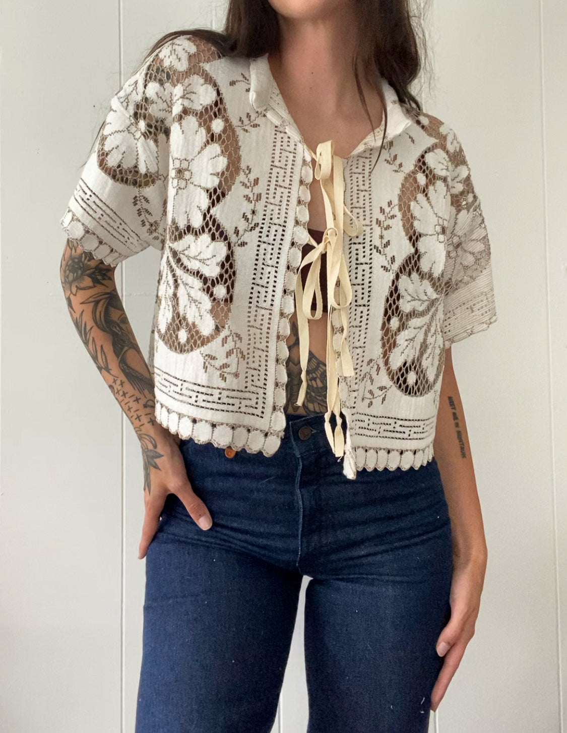 Upcycled Tie Front Lace Blouse