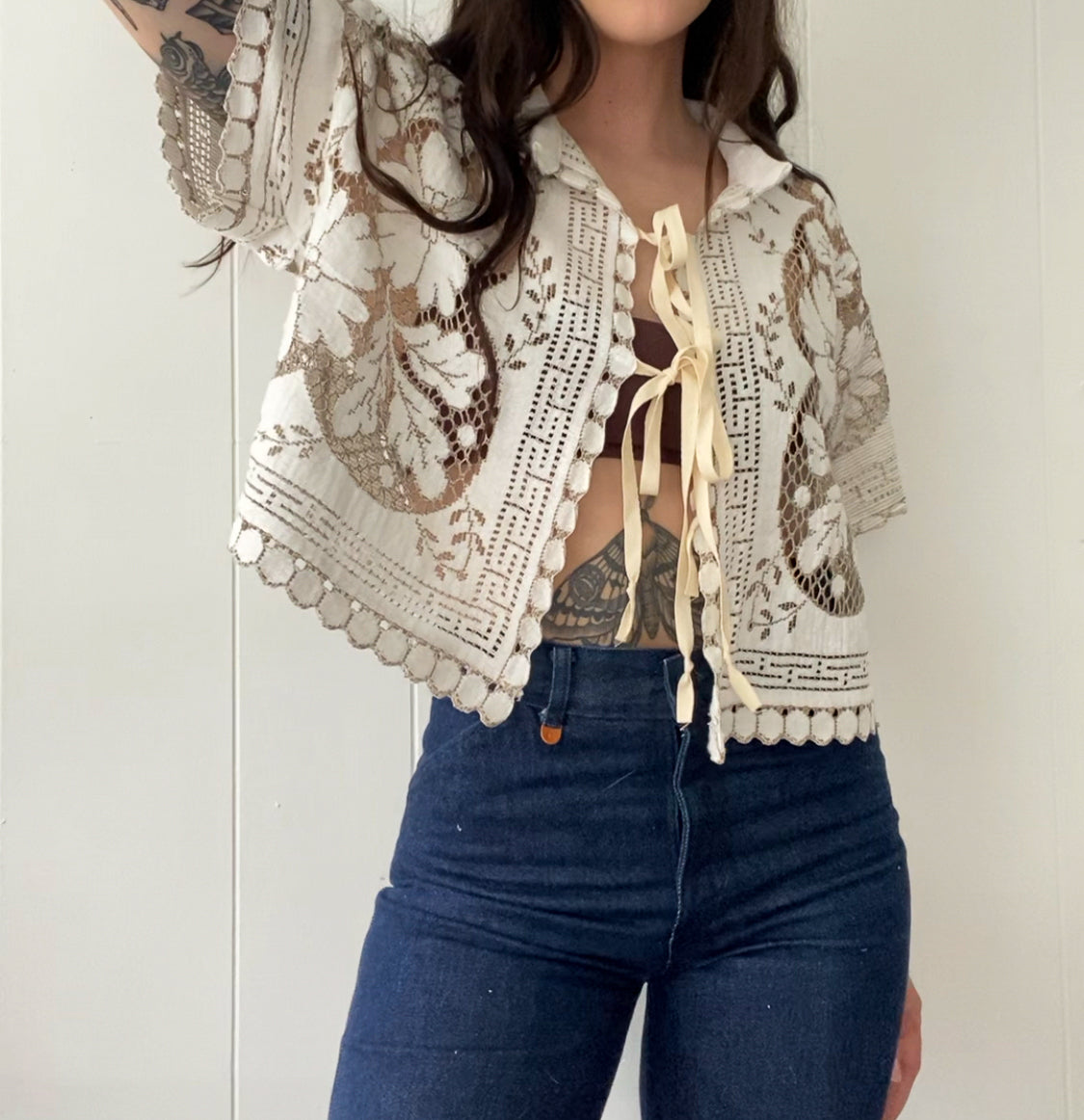 Upcycled Tie Front Lace Blouse