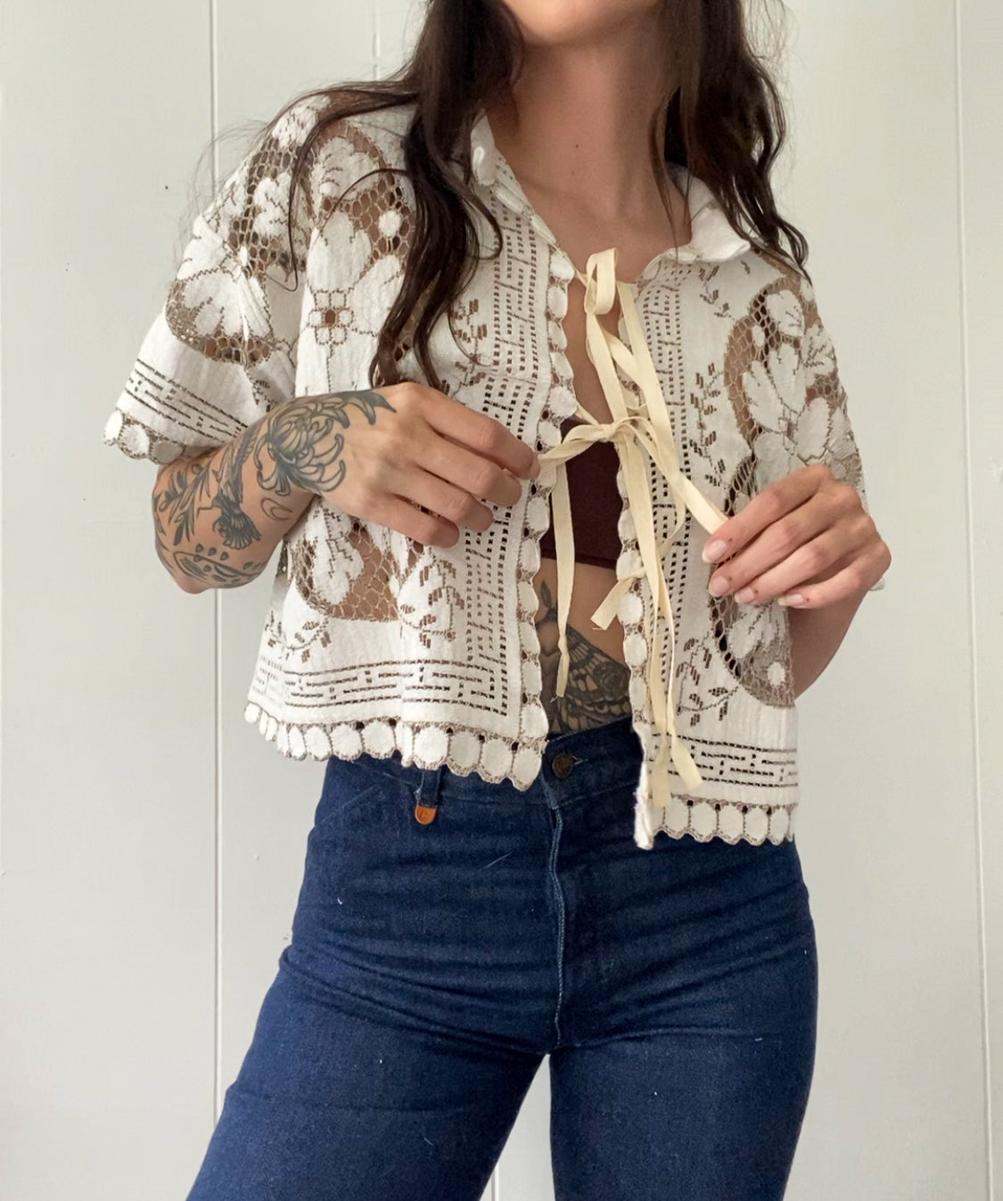 Upcycled Tie Front Lace Blouse