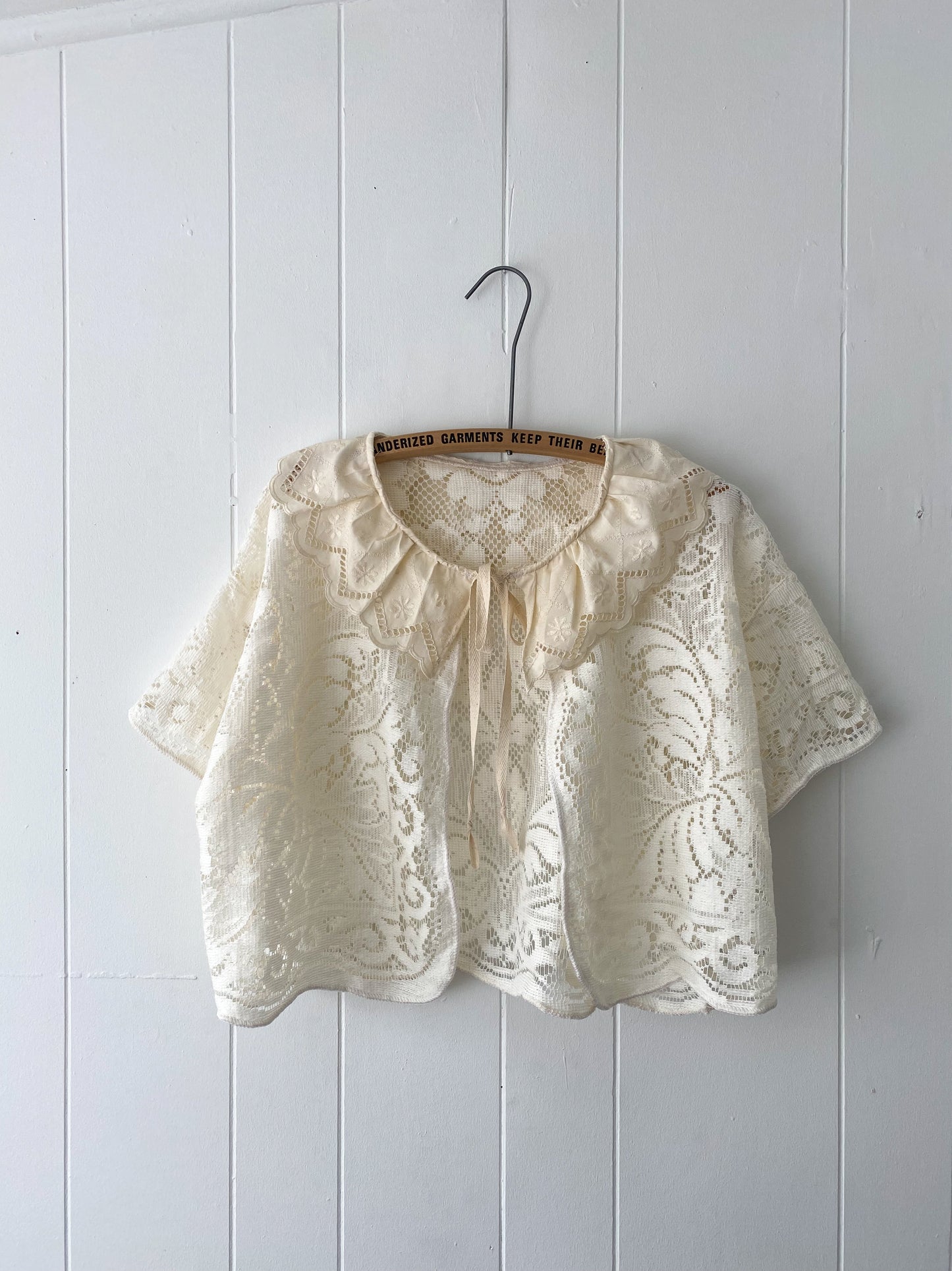 Upcycled Tie Front Lace Blouse with Collar