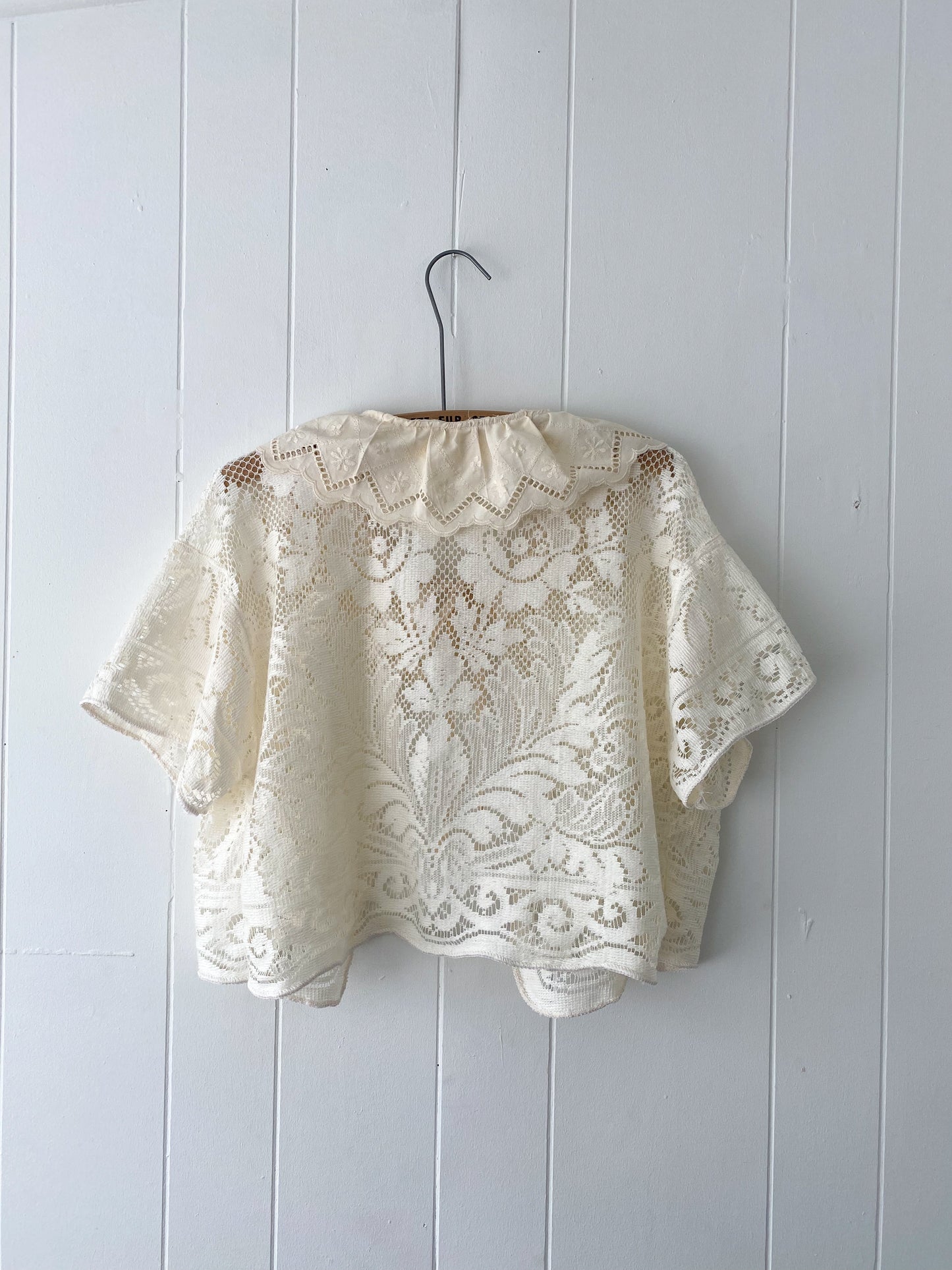 Upcycled Tie Front Lace Blouse with Collar