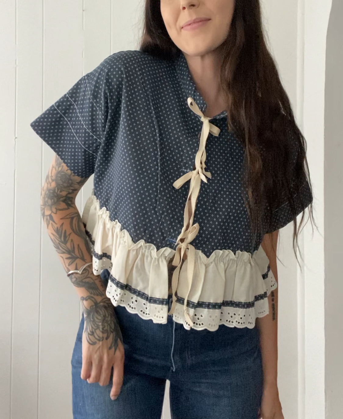 Upcycled Tie Front Blouse