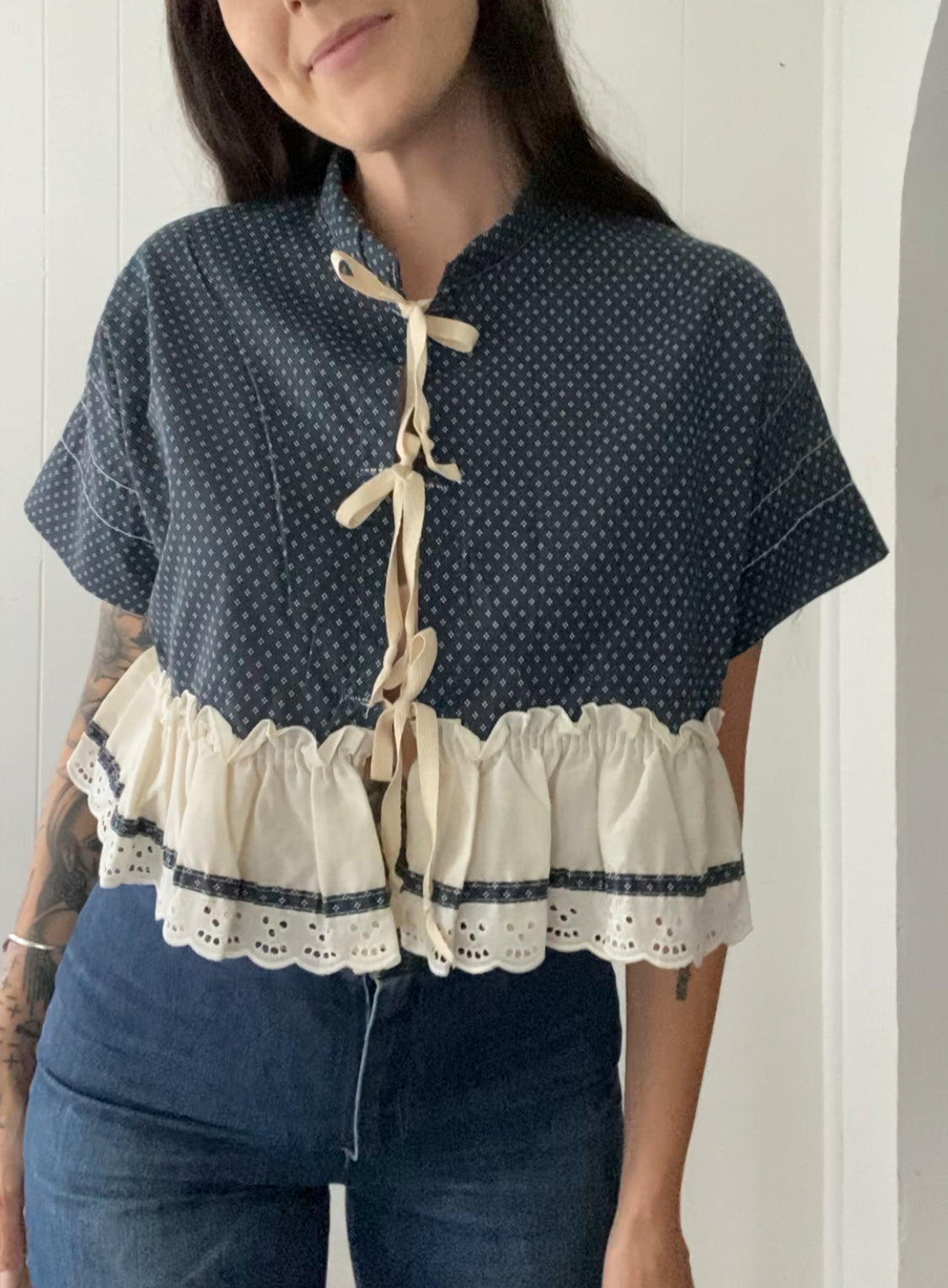 Upcycled Tie Front Blouse