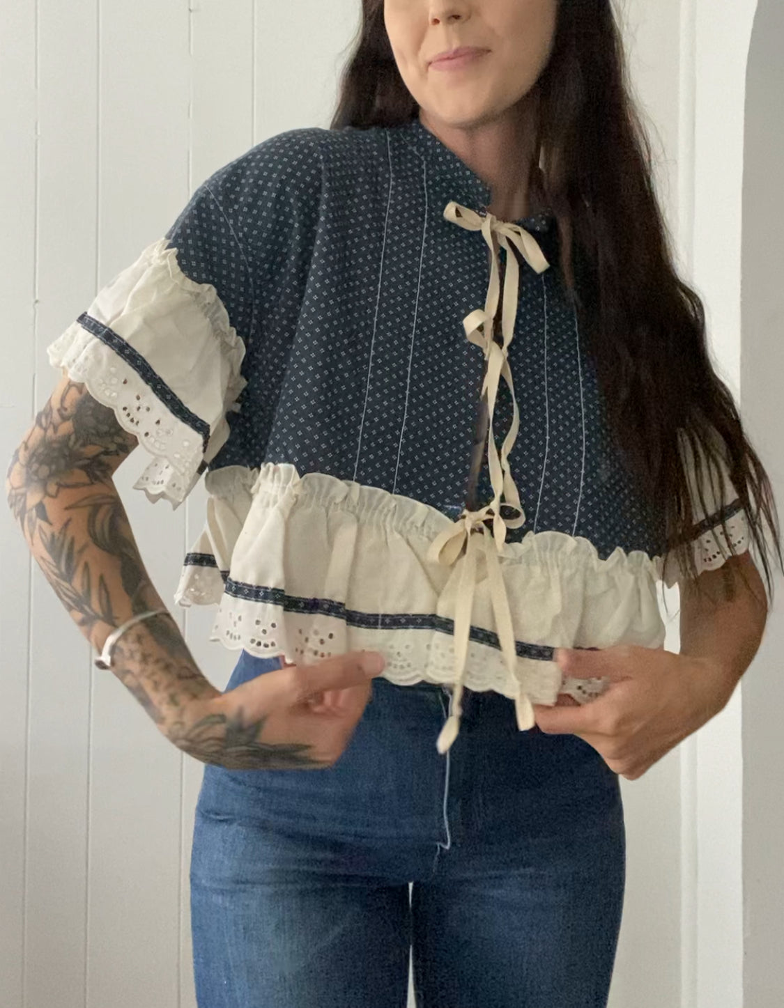Upcycled Tie Front Blouse