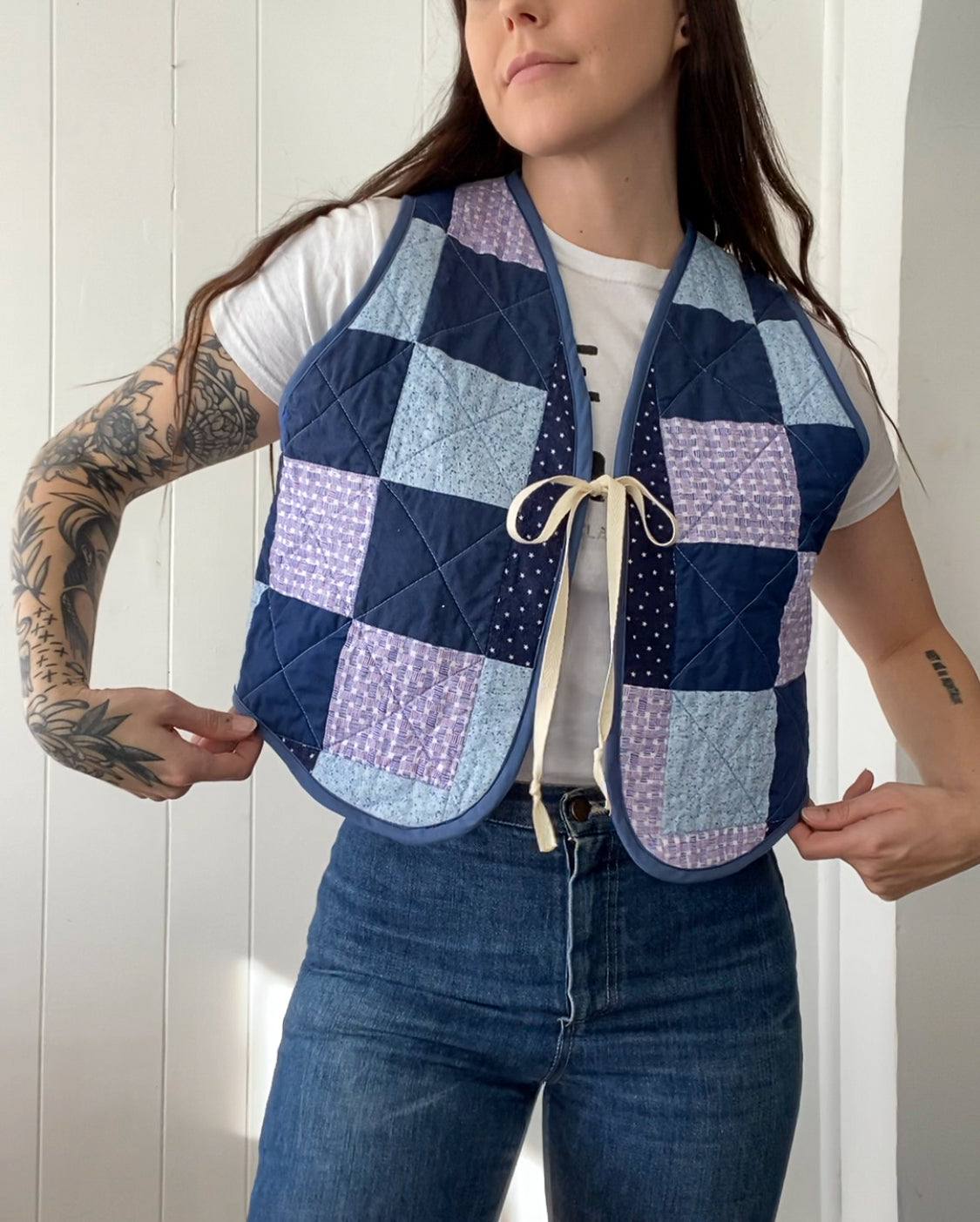 (S/M) Upcycled Tie Front Quilt Vest