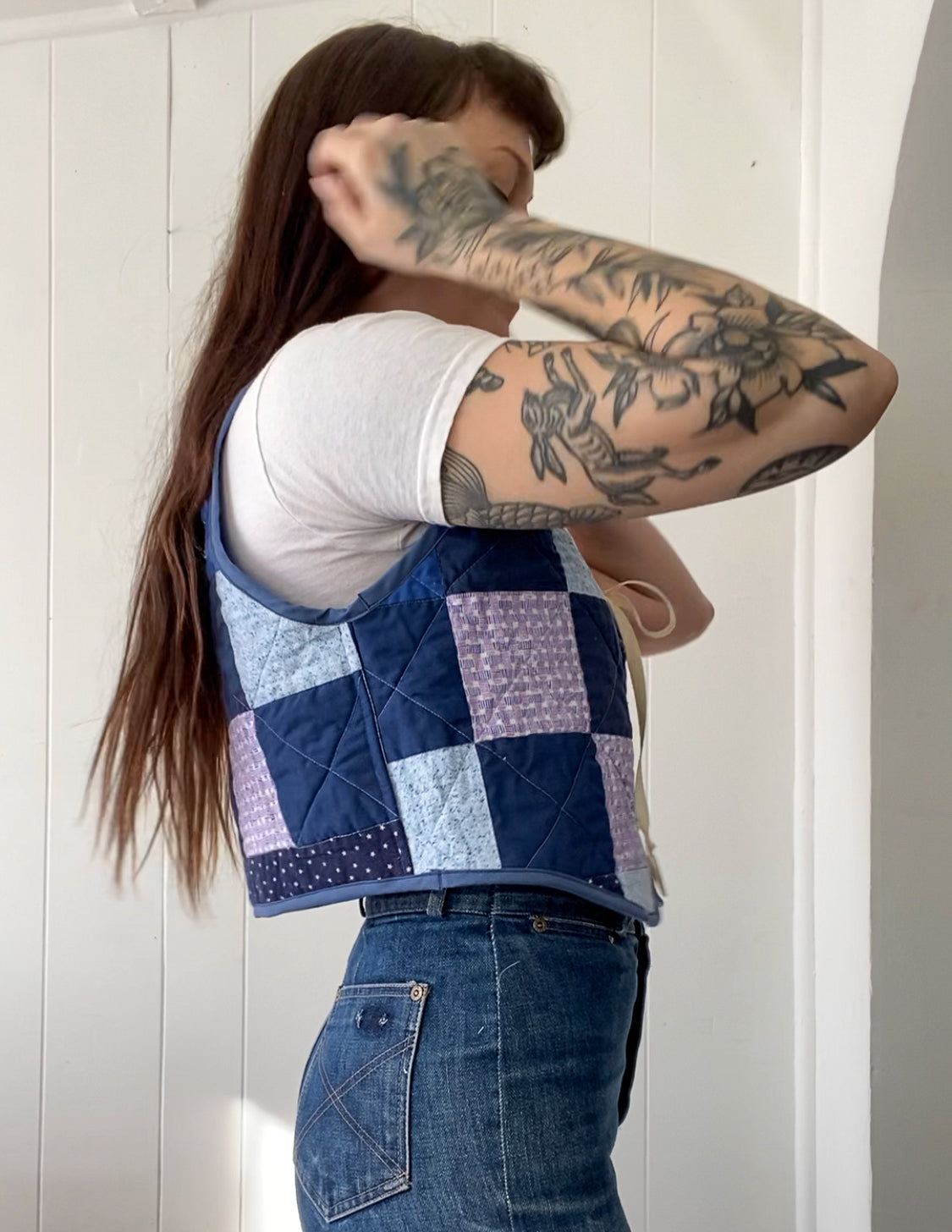 (S/M) Upcycled Tie Front Quilt Vest