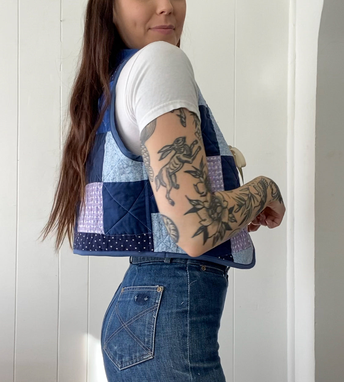 (S/M) Upcycled Tie Front Quilt Vest