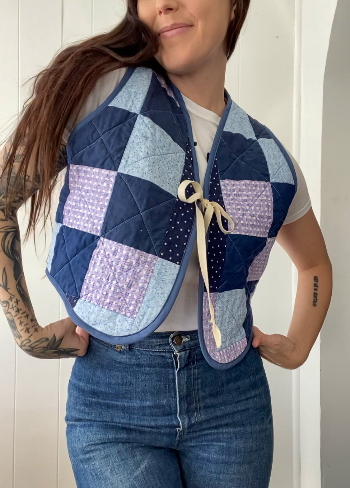 (S/M) Upcycled Tie Front Quilt Vest