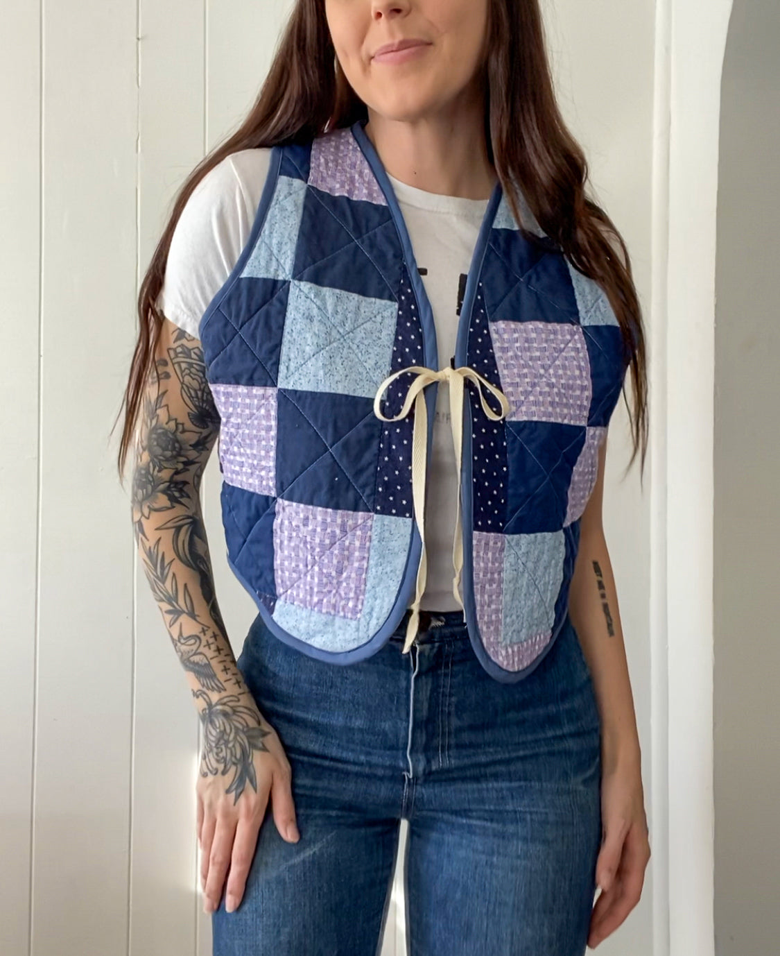 (S/M) Upcycled Tie Front Quilt Vest