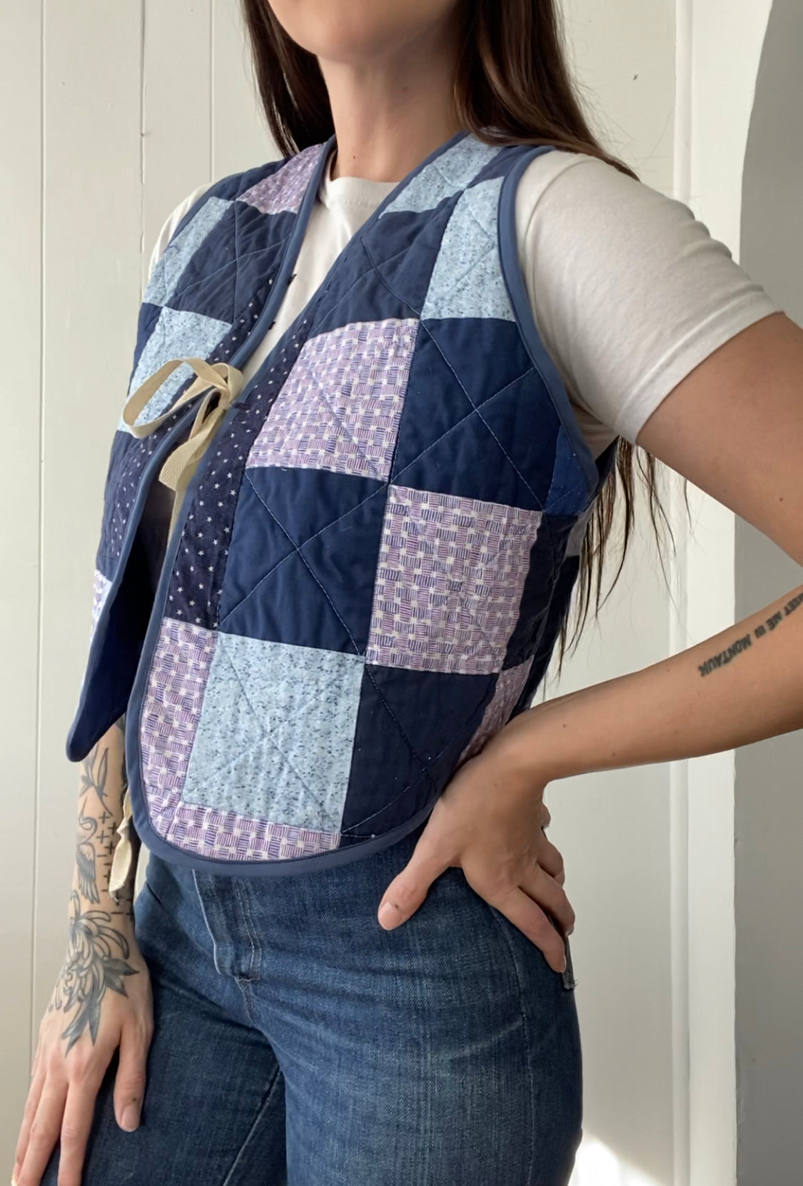 (S/M) Upcycled Tie Front Quilt Vest