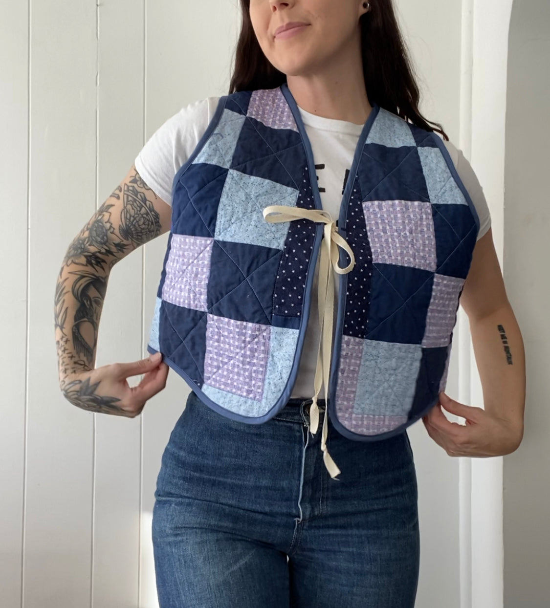 (S/M) Upcycled Tie Front Quilt Vest
