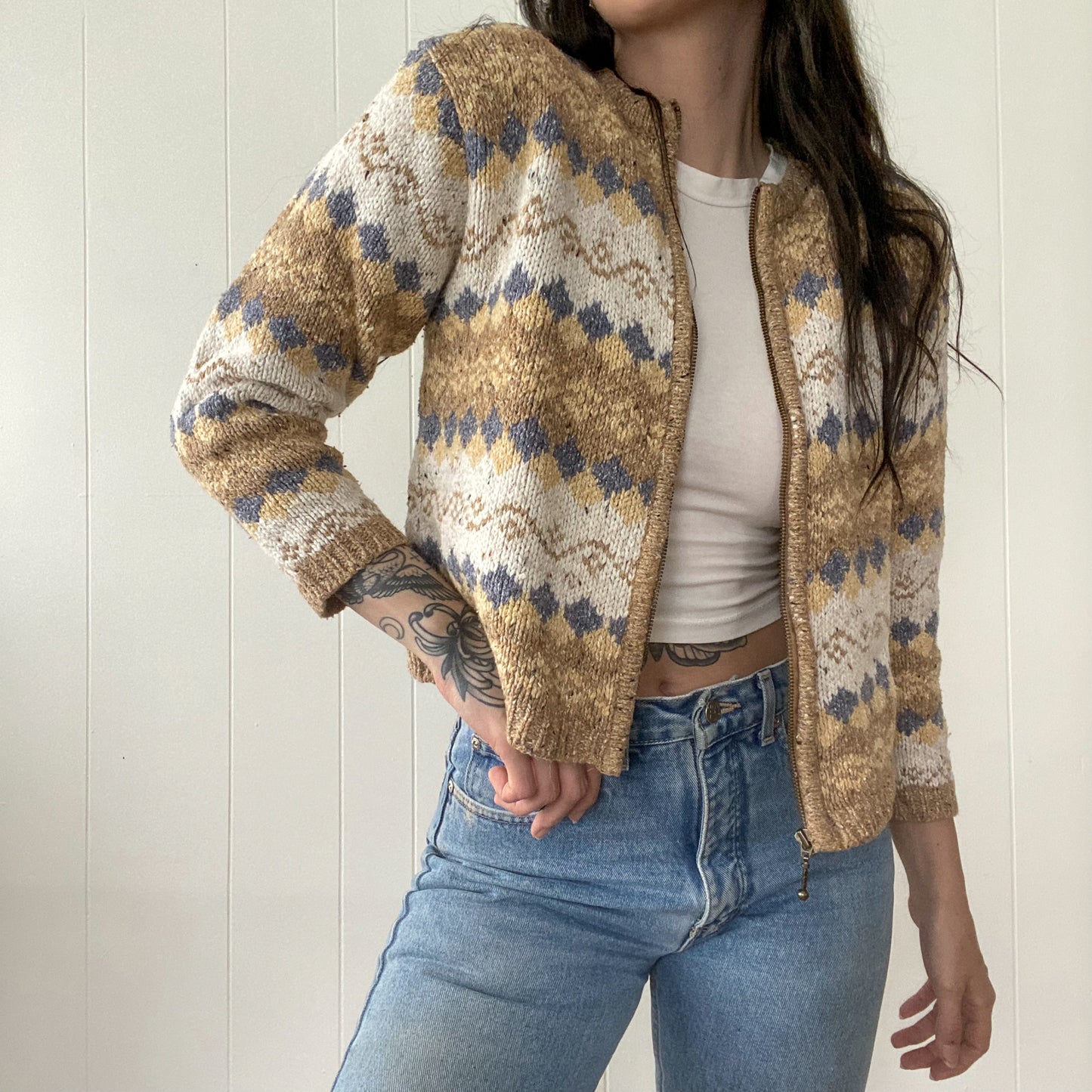 S/M Vintage Cleo Zip Up Knit Cardigan