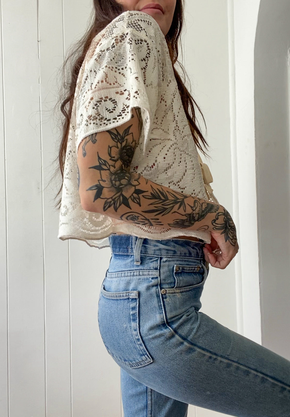 Upcycled Tie Front Lace Blouse