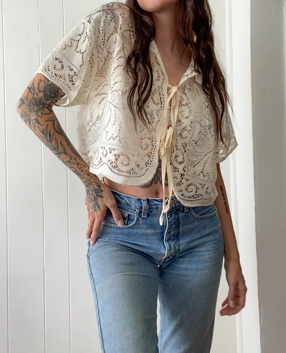 Upcycled Tie Front Lace Blouse