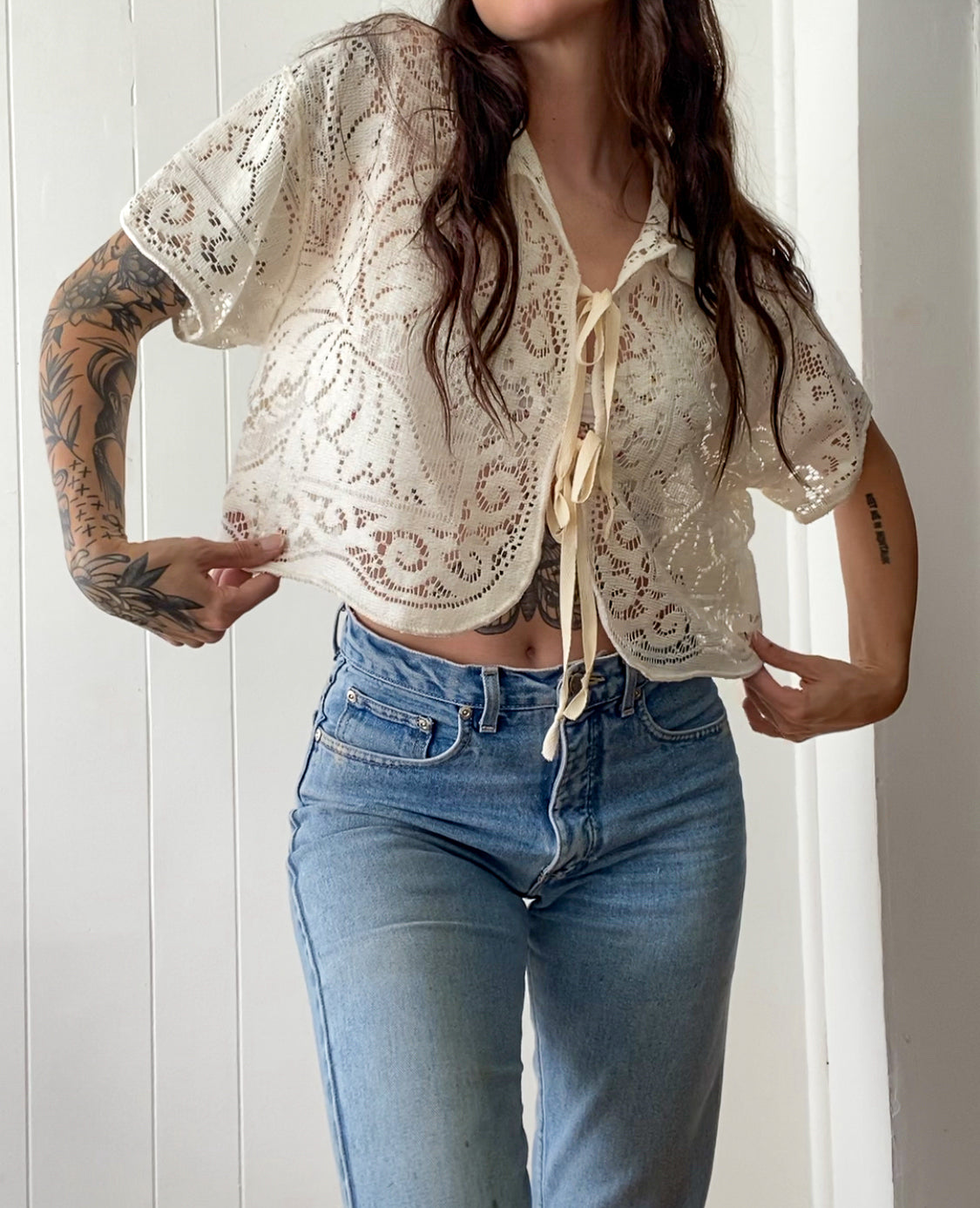 Upcycled Tie Front Lace Blouse
