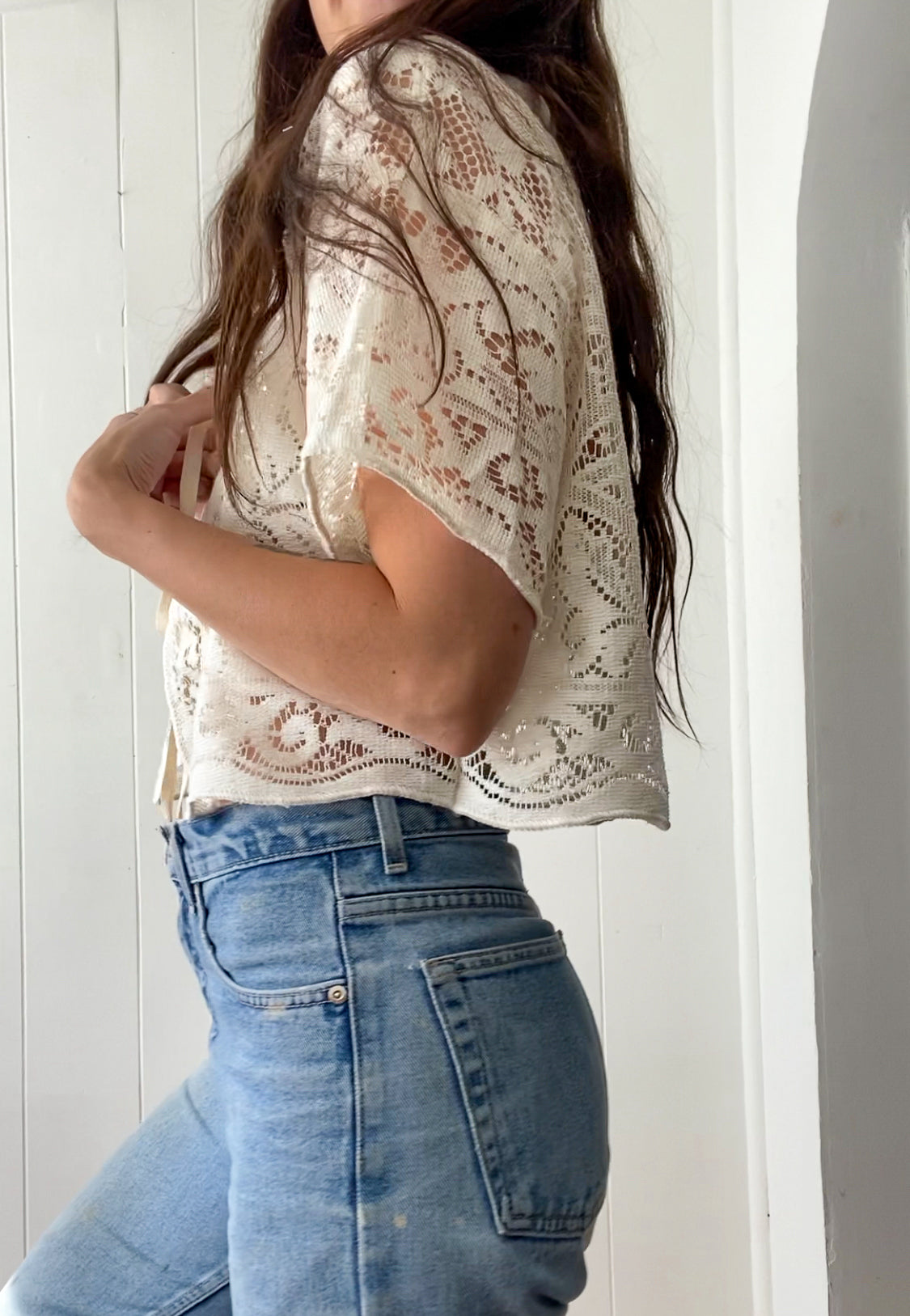 Upcycled Tie Front Lace Blouse