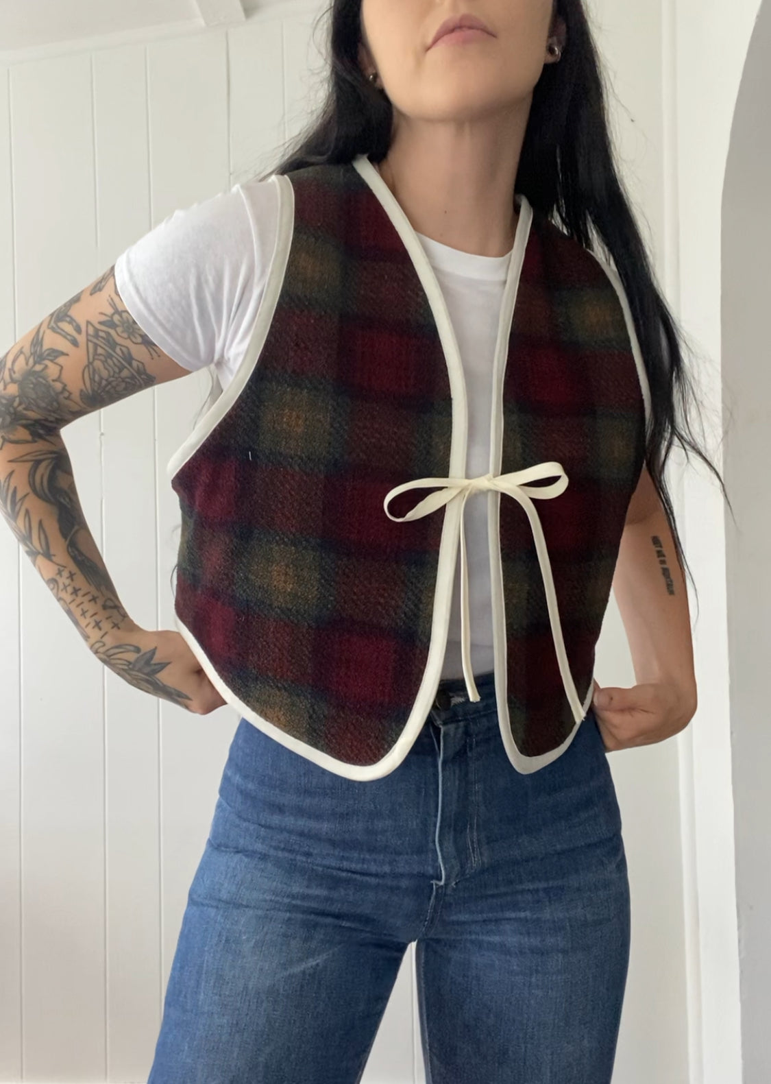 Upcycled Tie-Front Plaid Vest