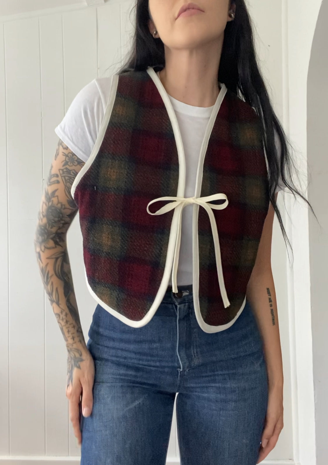 Upcycled Tie-Front Plaid Vest
